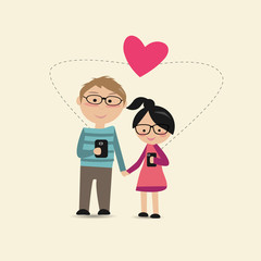 lovers standing   hold thier hansd and use their smartphone