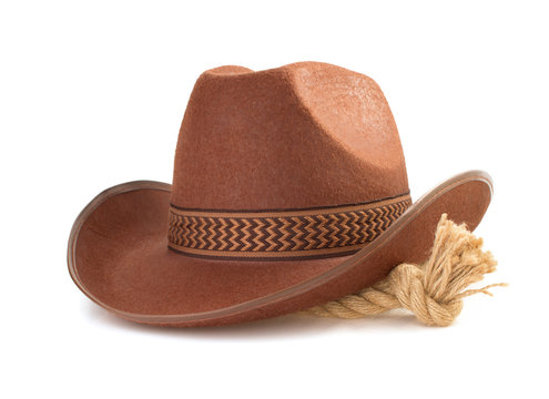 brown cowboy hat and rope  on white