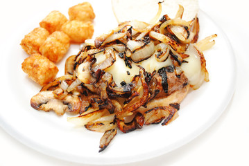 Carmelized Onions & Mushrooms Smothering a Cheeseburger