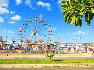 Amusement park with a ficus tree branch in the foreground
