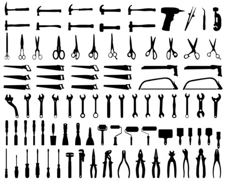 Set of black silhouettes of tools, vector