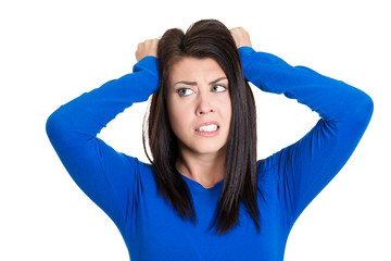 stressed business woman, pulling her hair out white background 