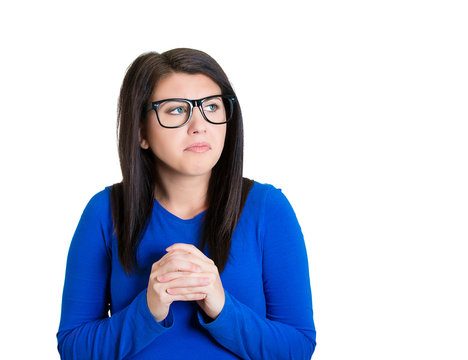 nerdy looking woman with black glasses timid shy anxious