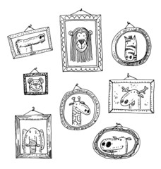 Set picture frames with animals portrait,vector illustration.