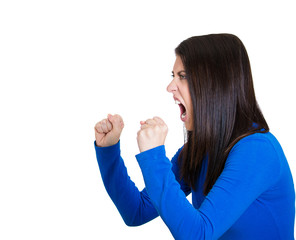 headshot angry young woman screaming arms up in air