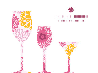 Vector pink field flowers three wine glasses silhouettes pattern