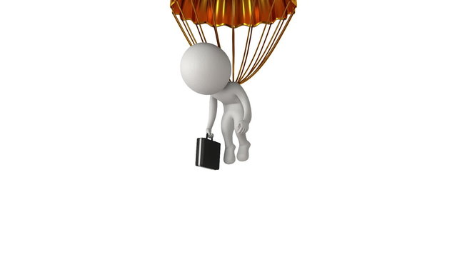 Businessman with suitcase hanging under gold parachute