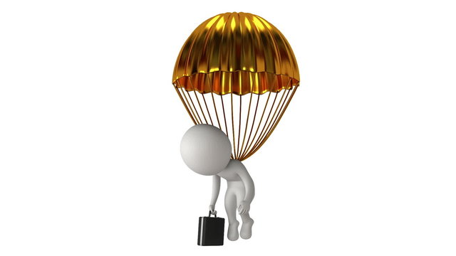Businessman with suitcase hanging under gold parachute