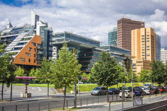 modern glass and steel office buildings near Potsdamer Platz, Berlin, Germany