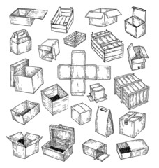 boxes collection, doodles set. vector illustration.