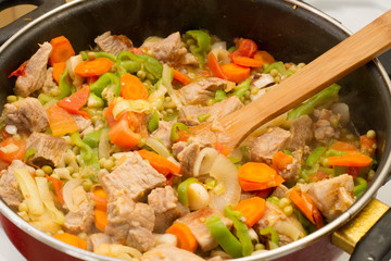 Stew meat in the pan.