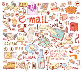 E-mail doodle set. Hand-drawn vector illustration.