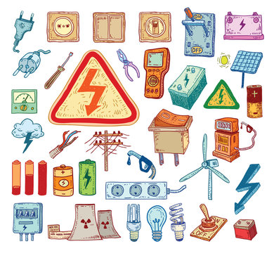 Electricity Doodle icon collection, vector illustration.