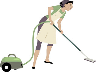 Annoyed woman vacuuming, isolated on white