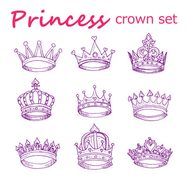 Princess crown set, hand drawn vector.