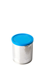 Empty tin can with blue lid over white background 