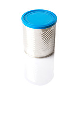 Empty tin can with blue lid over white background 