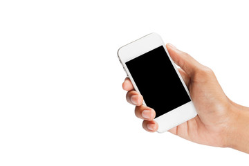 Holding mobile phone isolated on white background