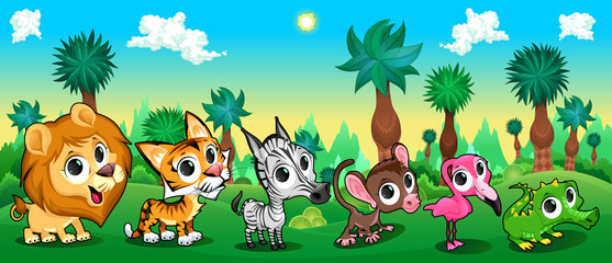 Set of funny animals in the forest