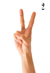 Close up Hand sign number  on Isolated white Background