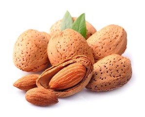 Almonds nuts with leaves