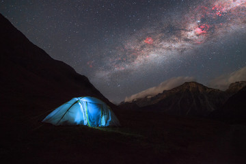 Tourist tent in the mountains under Milky way galaxy