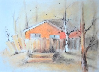 Rural landscape. Handwork drawing painted by pastel