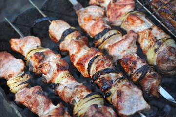 Shish kebab on skewers and hot coals, DOF