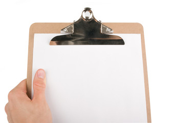 Hand writing on an empty paper in a clipboard isolated on white - 75492060
