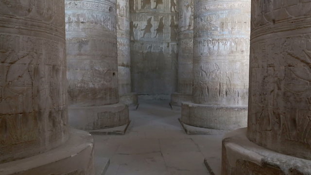 Interior of the painted and carved hypostyle hall at Dendera Tem