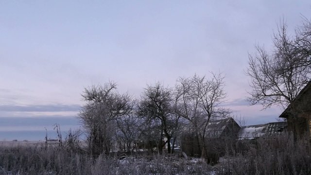 Old village frosty morning.