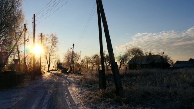 Old village frosty morning.
