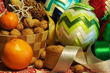 Christmas decorations. Christmas ornaments with satin belt.