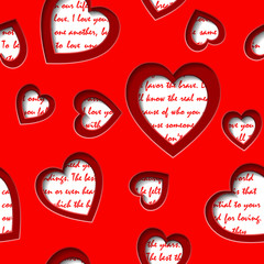 Seamless background with cut out  hearts and text about love