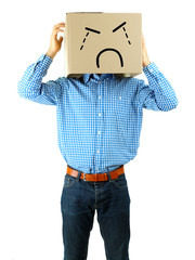 Man with cardboard box on his head isolated on white