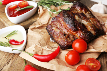 Delicious grilled meat on table