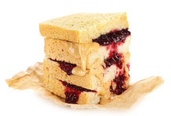 Tasty sandwich with jam and peanut butter, isolated on white