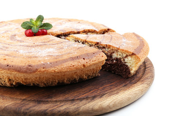 Tasty homemade pie isolated on white