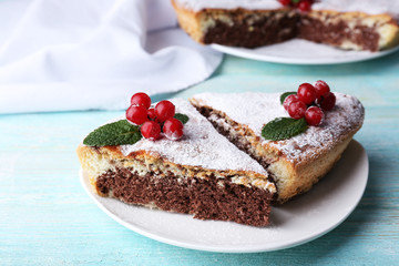 Tasty homemade pie on table