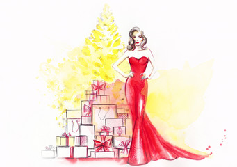 woman in red dress with many gift boxes © Anna Ismagilova