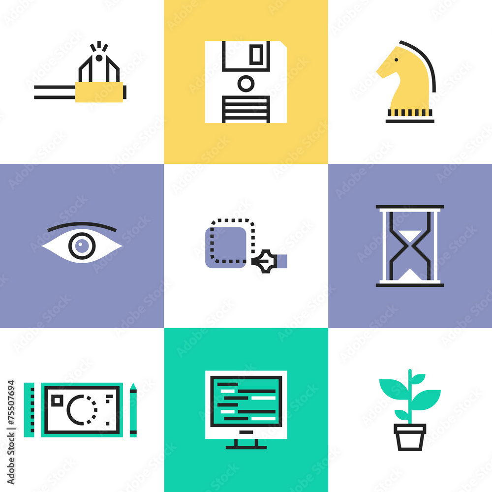Poster creative workflow pictogram icons set