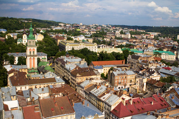 Fototapeta na wymiar Bird eye view of Lviv from the city hall, Ukraine