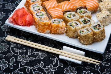Closeup of the sushi set with salmon