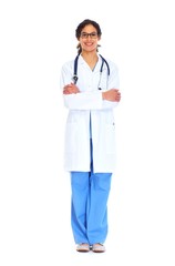 Medical doctor woman isolated white.