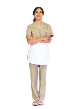 Housemaid woman isolated white background.