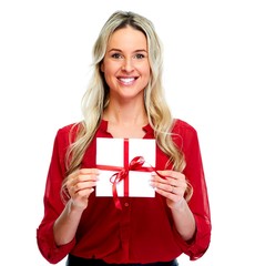 Happy Woman with  envelope gift.