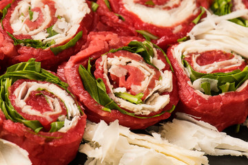 fresh meat  with cheese and  green salad