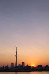 Fototapeta na wymiar 夕景の東京スカイツリー　沈む太陽　