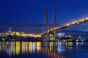 Obraz premium Ночной вид моста во Владивостоке через залив Золотой Рог