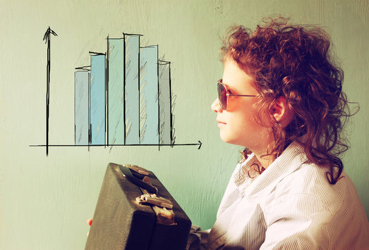 photo cute kid dressed as businessman imagine infographic chart 